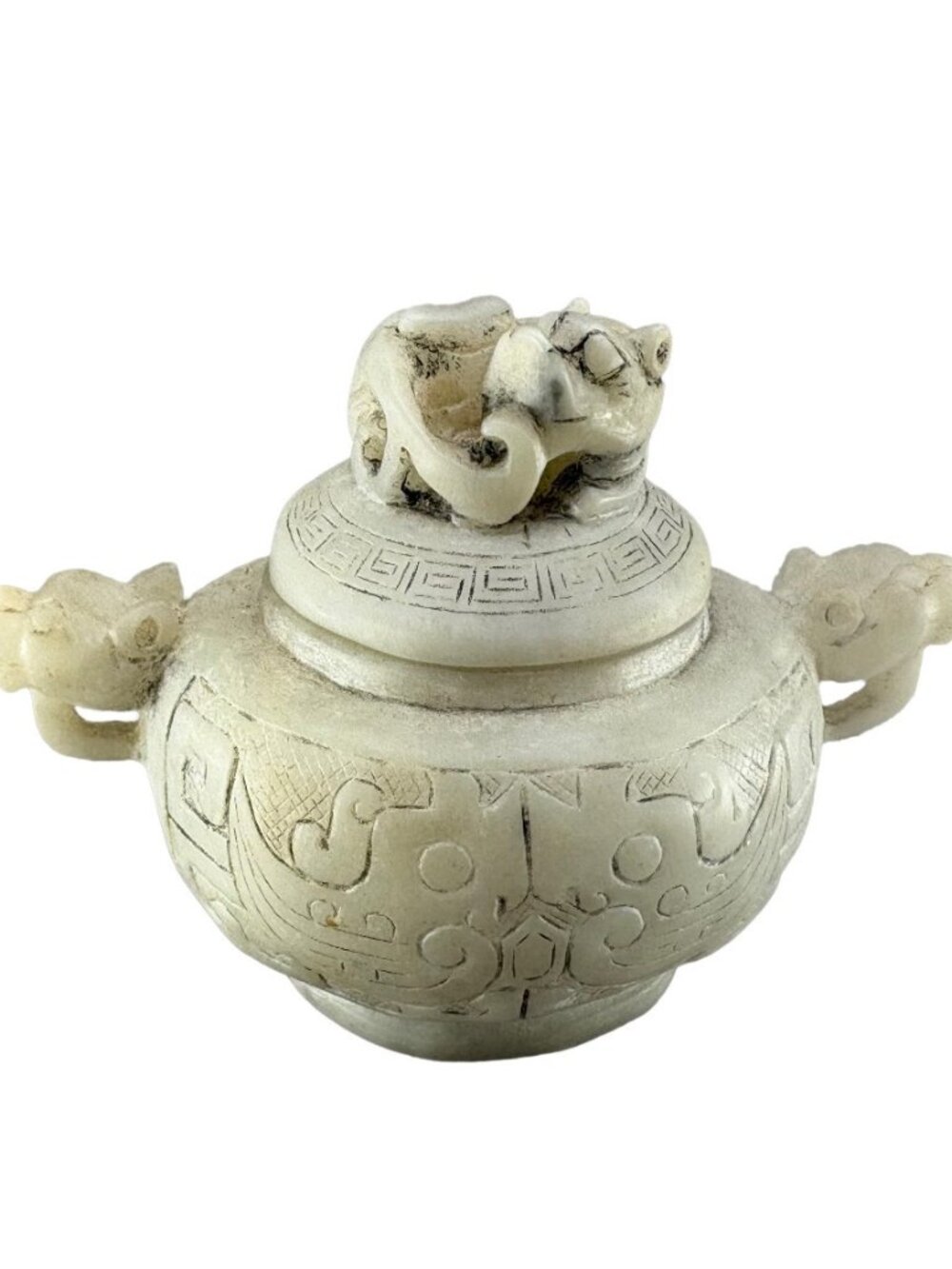 Vintage Chinese Hetian Jade Ritual Pot with Lid – Hand-Carved Archaic Taotie